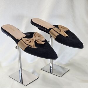 Chic Black and Tan Mules with Bow Detail